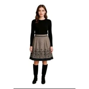 ANN TAYLOR LOFT SZ 14 BROWN HERRINGBONE LINED SKIRT VELVET TRM SEQUIN ACCENT EUC